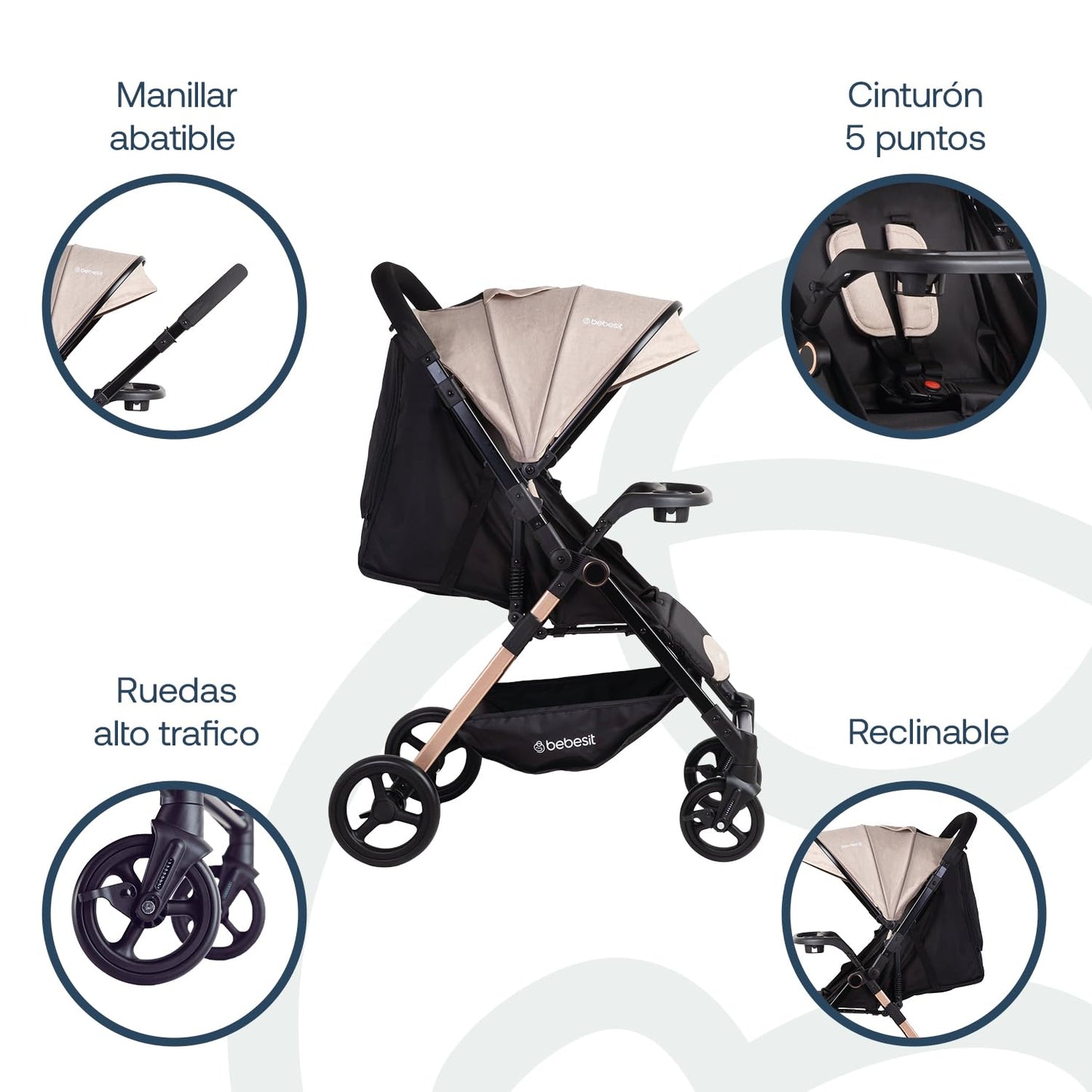 Bebesit Carriola City | Cochecito Compacto | Multi Posiciones de Reclinado | Moisés Convertible | Cinturón de seguridad de 5 puntas | Confort para Bebés
