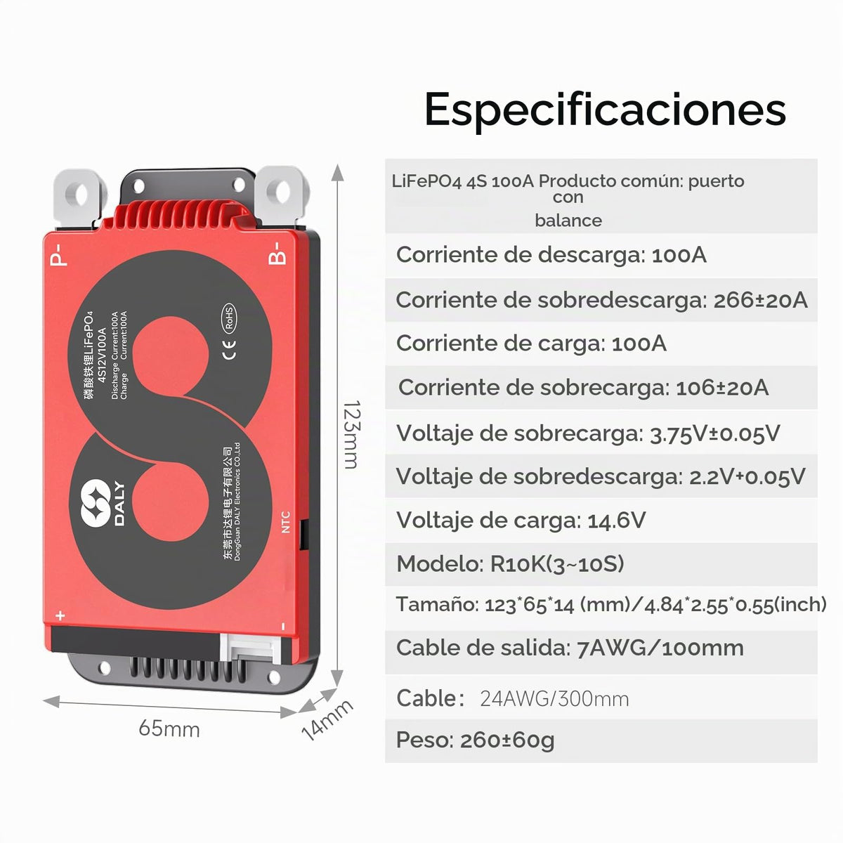 Placa de Protección BMS DALY 3S-24S Litio LifePO4 4S 12V 100A con Cable de Equilibrio y Sensor de Temperatura