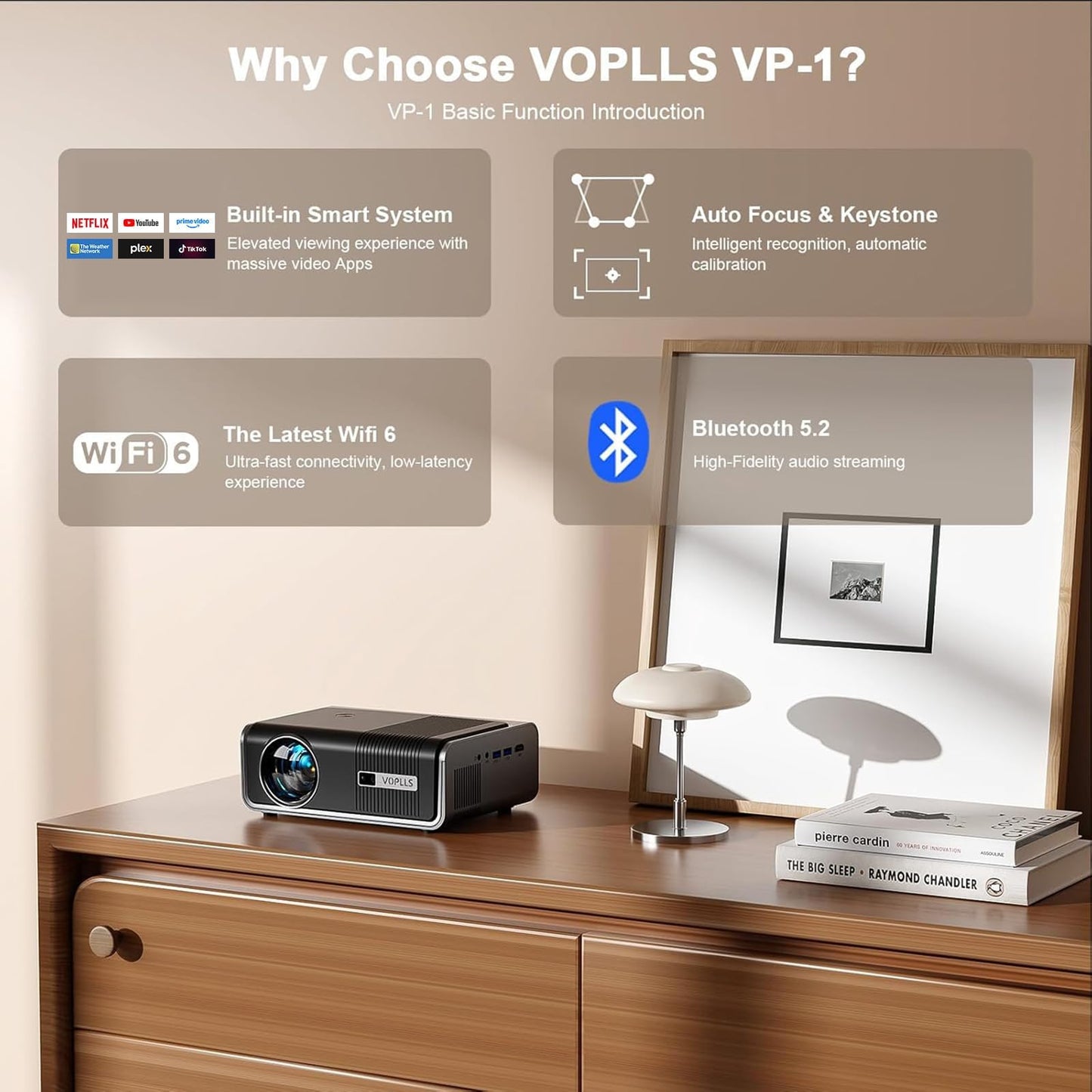 [Aplicaciones integradas y enfoque automático/piedra clave] Proyector inteligente con WiFi y Bluetooth, VOPLLS 1500 ANSI 4K proyector al aire última intervensión, proyector inalámbrico portátil para