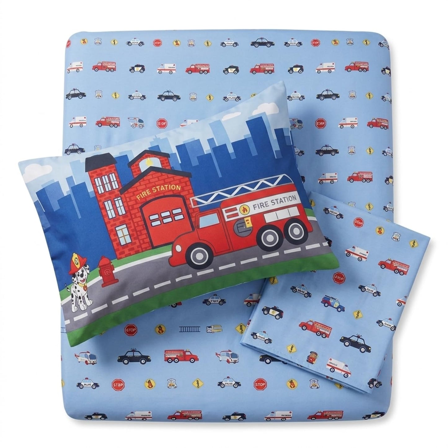 EVERYDAY KIDS - Juego de sábanas bajeras de 3 piezas para niños pequeños, sábana encimera y funda de almohada – Policía, fuego y rescate, juego de sábanas de microfibra suave y transpirable para niños
