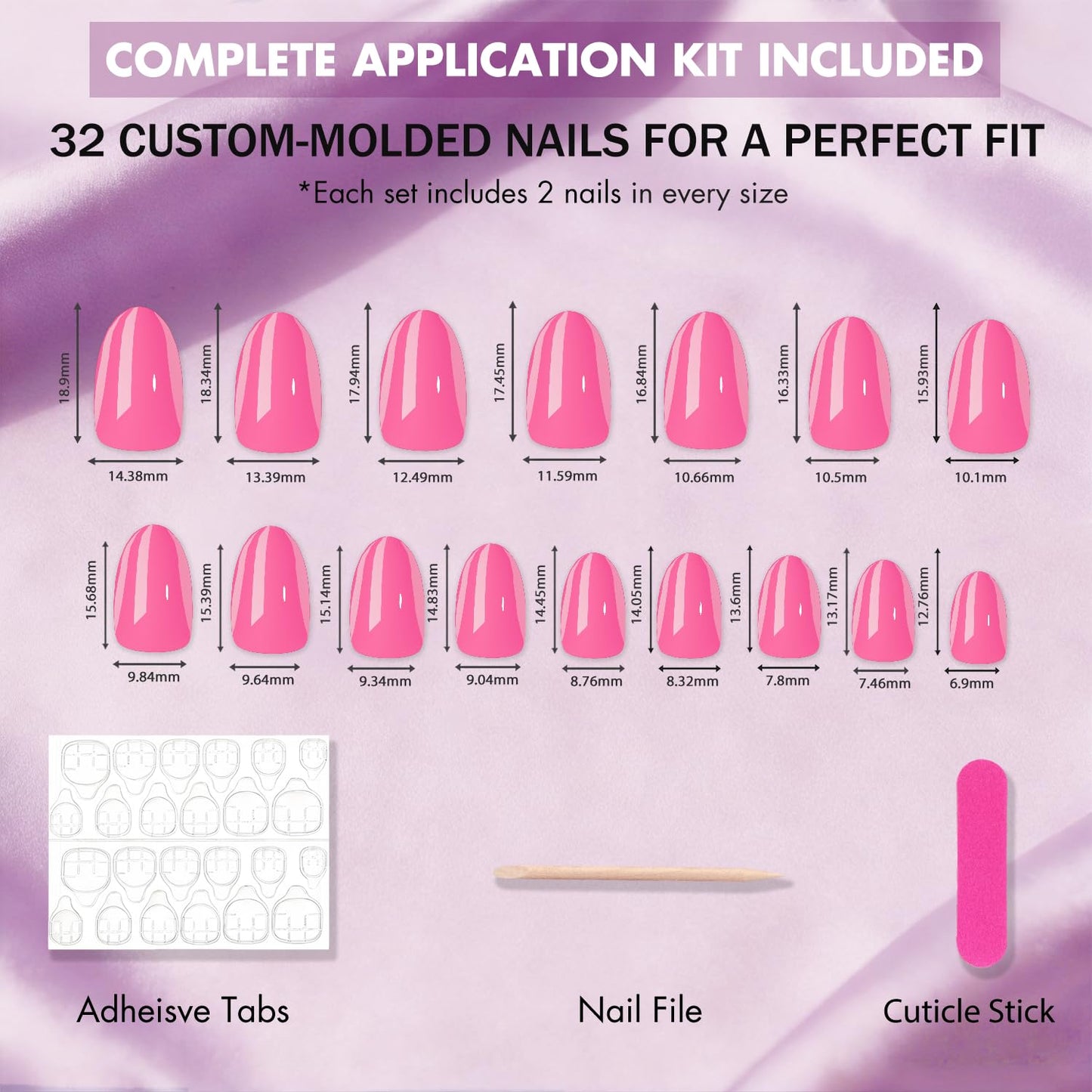 JOYVVEW Uñas postizas Ombre cortas ovaladas, 32 piezas, 16 tamaños, uñas postizas rosa degradado, almendradas, ajuste natural, uñas francesas brillantes con pegamento, acrílicas.