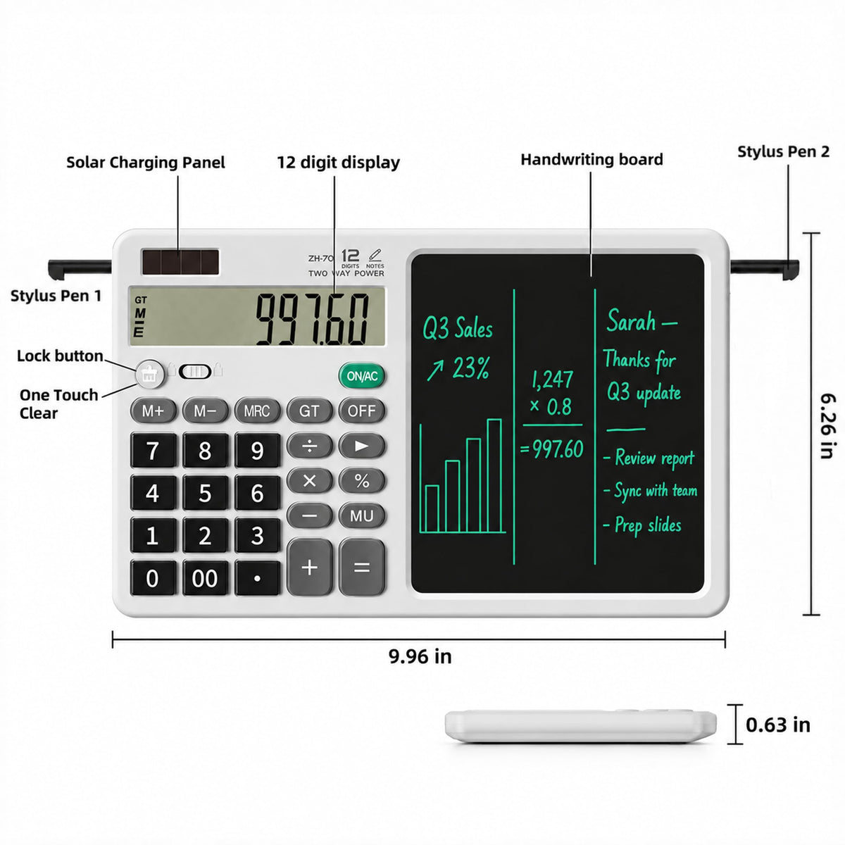 Calculadora de Escritorio DPEDUAI Blanco con Tablero de Notas LCD de 12 Dígitos y 2 Lápices Ópticos Integrados