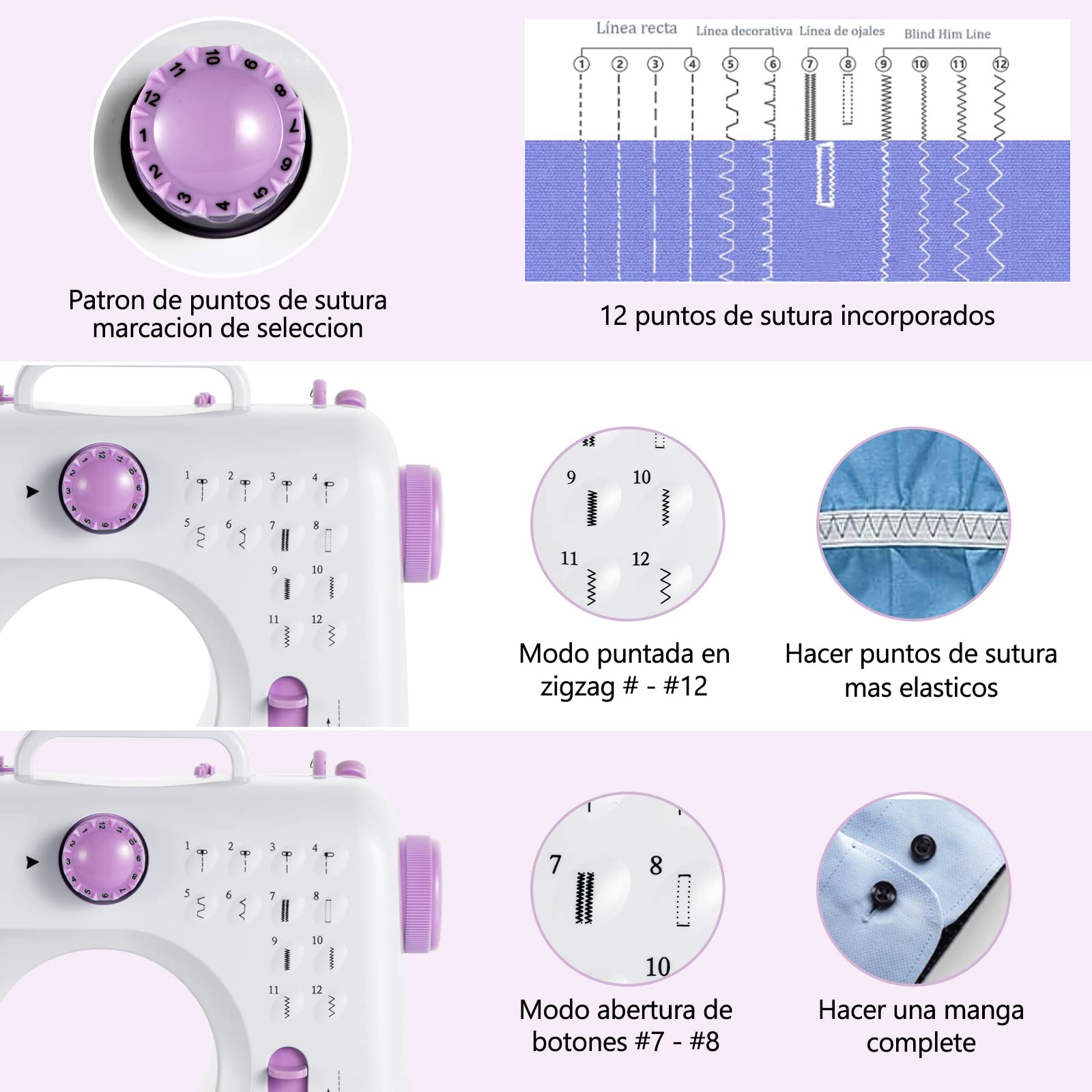 Máquina de Coser, Mini Máquina de Coser Máquina de Coser Eléctronico Portátil, 12 Puntadas Maquina de Coser con Luz de LED, Kit de accesorios de costura, Ideal para Ropa, Fundas de Almohadas, Sábanas