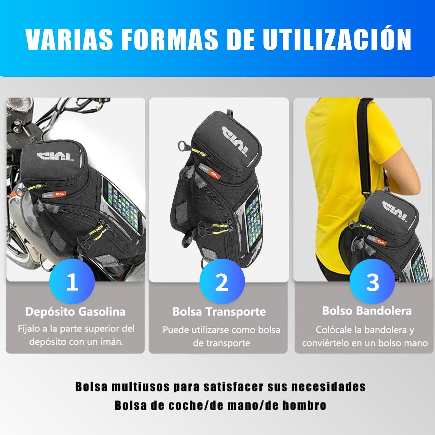 BOBOJIIIER Bolsa Universal para Herramientas en el Tanque de Motocicleta, Bolso Correas O Imán Para Tanque De Motocicleta, Color Negro