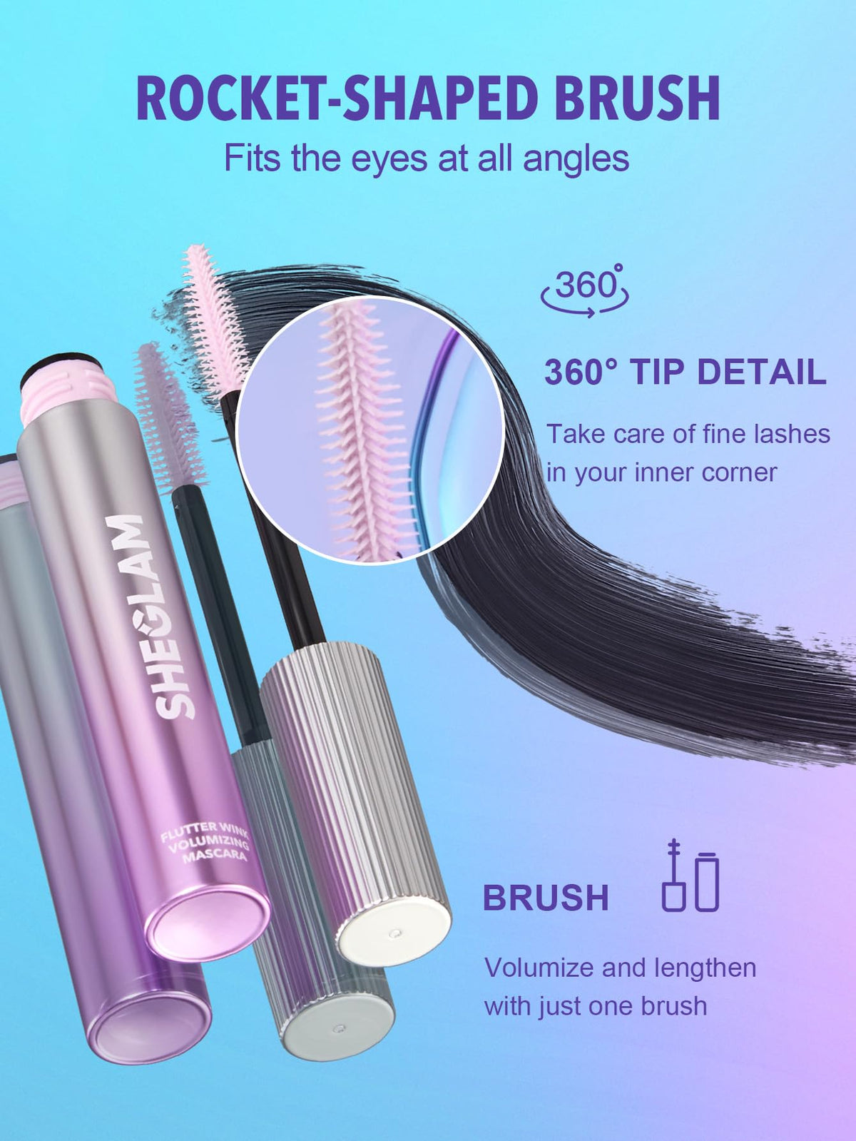 SHEGLAM Máscara De Pestañas Voluminizadora Flutter Wink, Extensiones De Pestañas, Tubo, Longitud Y Elevación, Color Negro