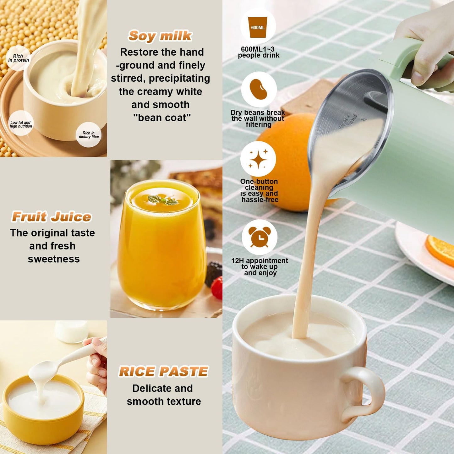 Máquina de Leche de Soja Automática 600ml Verde con Función para Leche de Nueces y Almendras