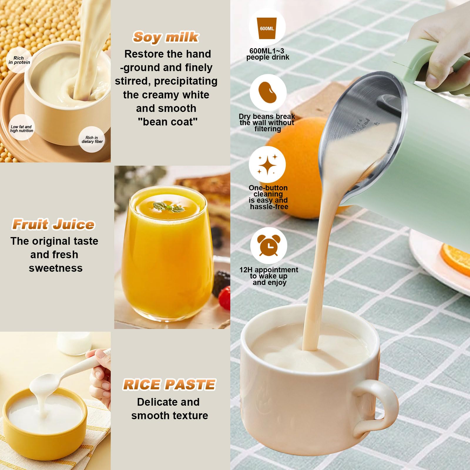 Máquina de Leche de Soja Automática 600ml Verde con Función para Leche de Nueces y Almendras