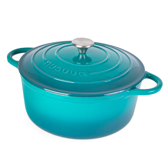 Nuovva - Olla de hierro fundido esmaltado con tapa, olla antiadherente de 6.4 cuartos de galón, resistente y apta para horno hasta 500 °F, para hornear, estofar, asar, 28 cm, color verde azulado