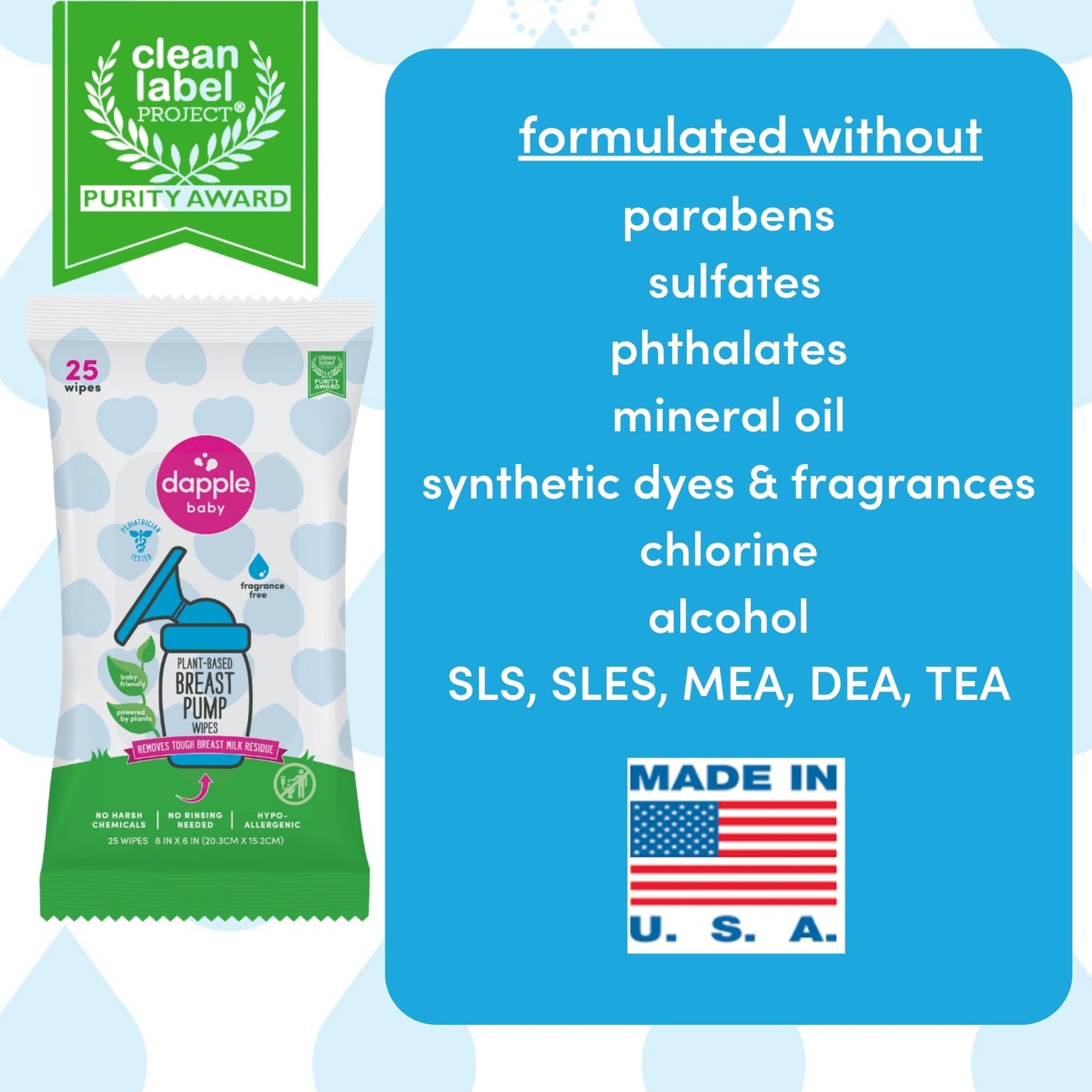 Dapple Baby, 25 unidades (paquete de 3), sin fragancia, a base de plantas e hipoalergénicas, elimina los residuos de leche, no deja sabor, práctica bolsa para toallitas