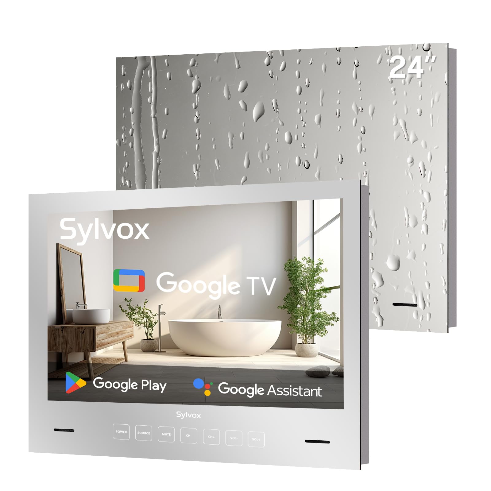 Televisor SYLVOX Espejo Impermeable Negro 24 Pulgadas con Google OS y Control por Voz para Baño