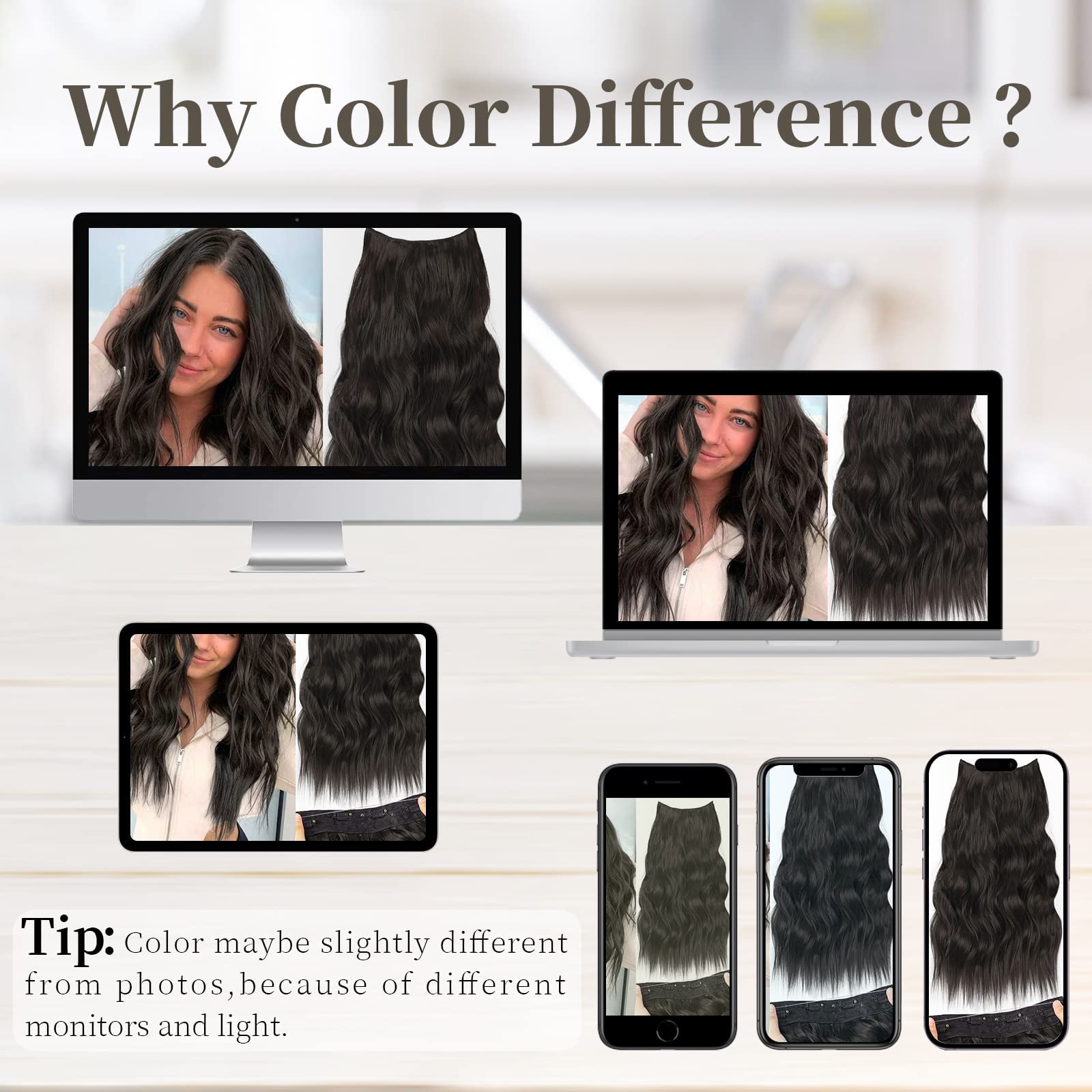 Slzhds Extensiones de Cabello Natural Ondulado, Extensión de Liga, Extensiones de Cabello Ondulado, Extensiones Halo con Diadema Invisible, 3/4 Cabeza Completa Ondulada Extensiones Cabello con Clip Seguros Extraíbles, Tamaño Ajustable, Resistente al Calor