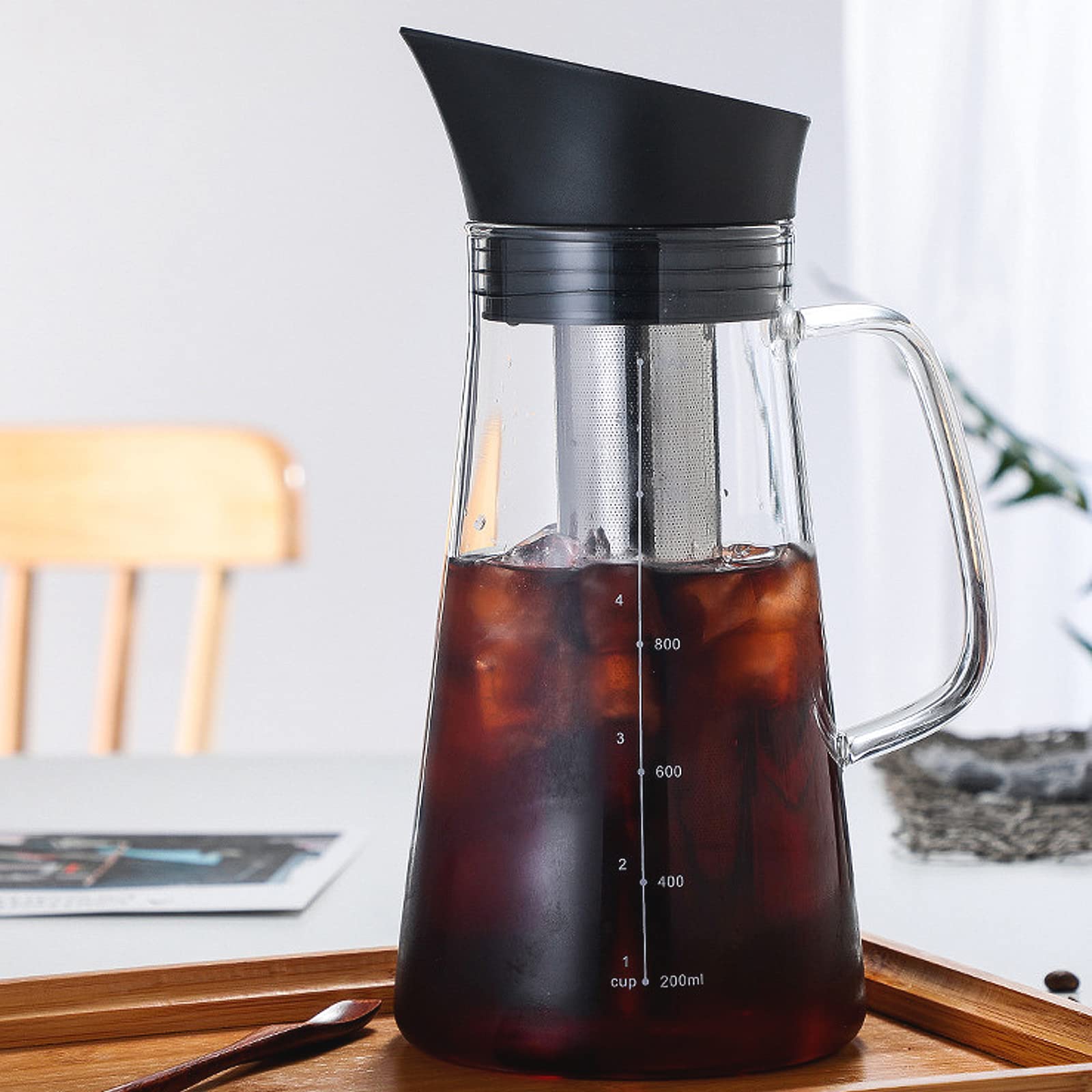 Cafetera Cold Brew Vidrio, Cafe Frio Maquina, 1.2 L/40 oz Jarra de Vidrio con Filtro de Acero Inoxidable Extraíble, Sin BPA, Jarra de Café Duradera con Tapa Hermética para Café Helad y Té Frío