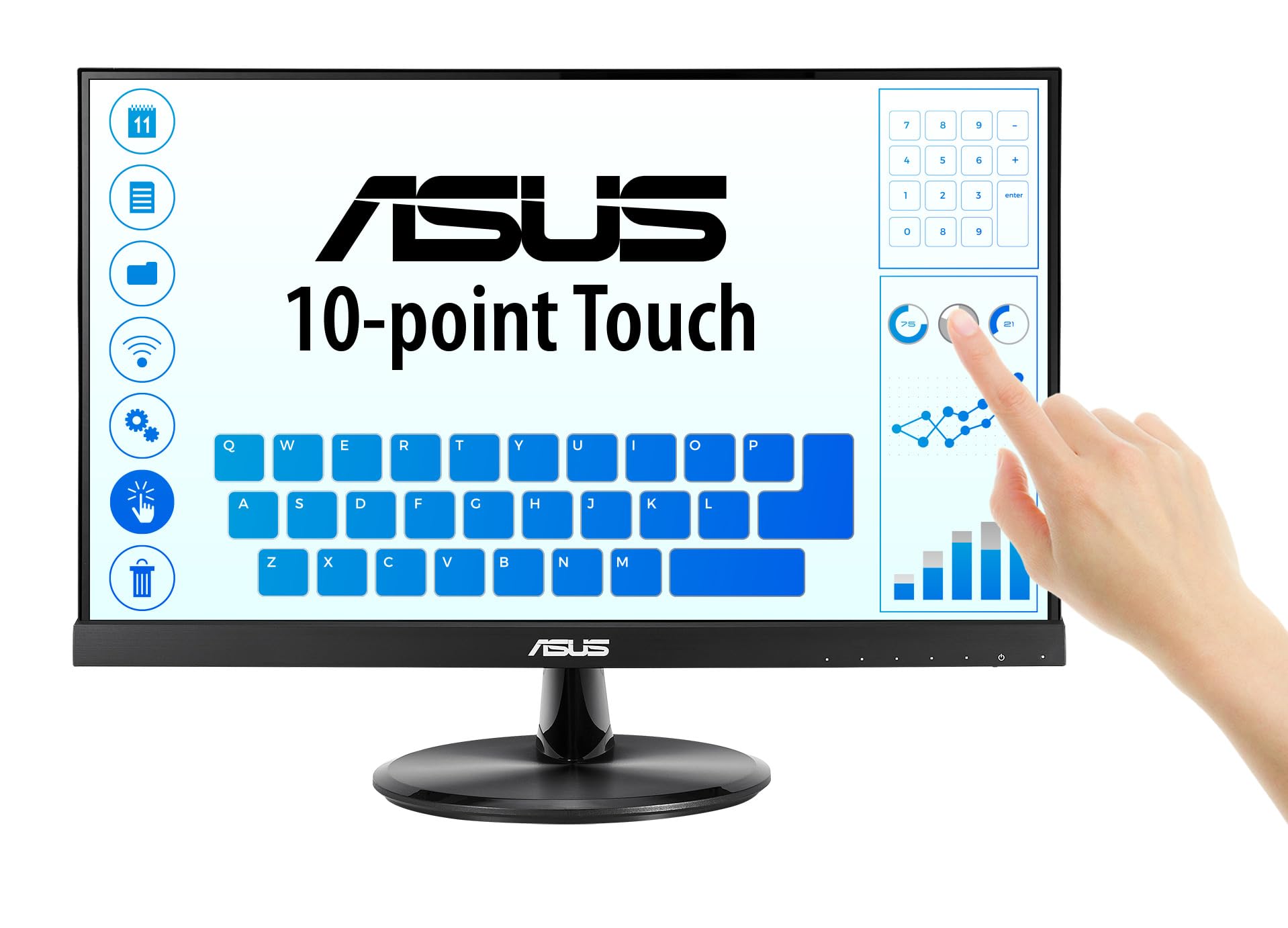 Asus Monitor Touch 21.5" VT229H, Full HD (1920 x 1080), 10 Puntos táctiles, panel IPS, sin marco, antiparpadeo, Filtro de luz Azul, HDMI, dureza 7H