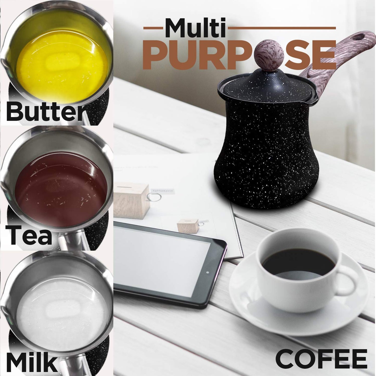 Cafetera Turca Sukkar Pasha Acero Inoxidable 550 ml Multiusos con Tapa