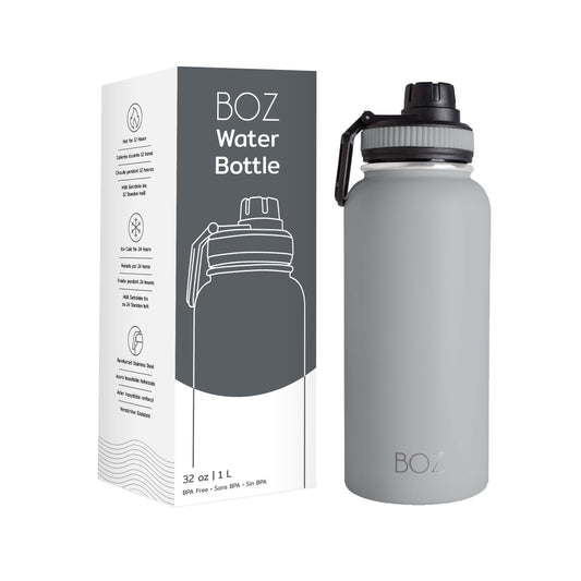 BOZ - Botella de agua de acero inoxidable XL (1 L / 32 onzas) de boca ancha, sin BPA, doble pared aislada al aspiradora (gris)(BOZ_SSXL)