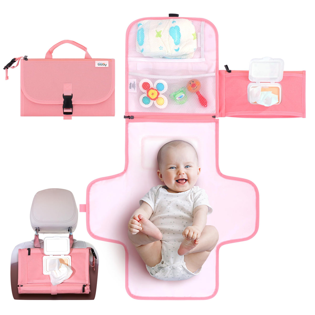 Kopi Baby - Cambiador de pañales portátil para bebé, bolsa de viaje con bolsillo para toallitas, tapete cambiador portátil de diseño inteligente, kit de estación de viaje para bebés, regalo para niñas