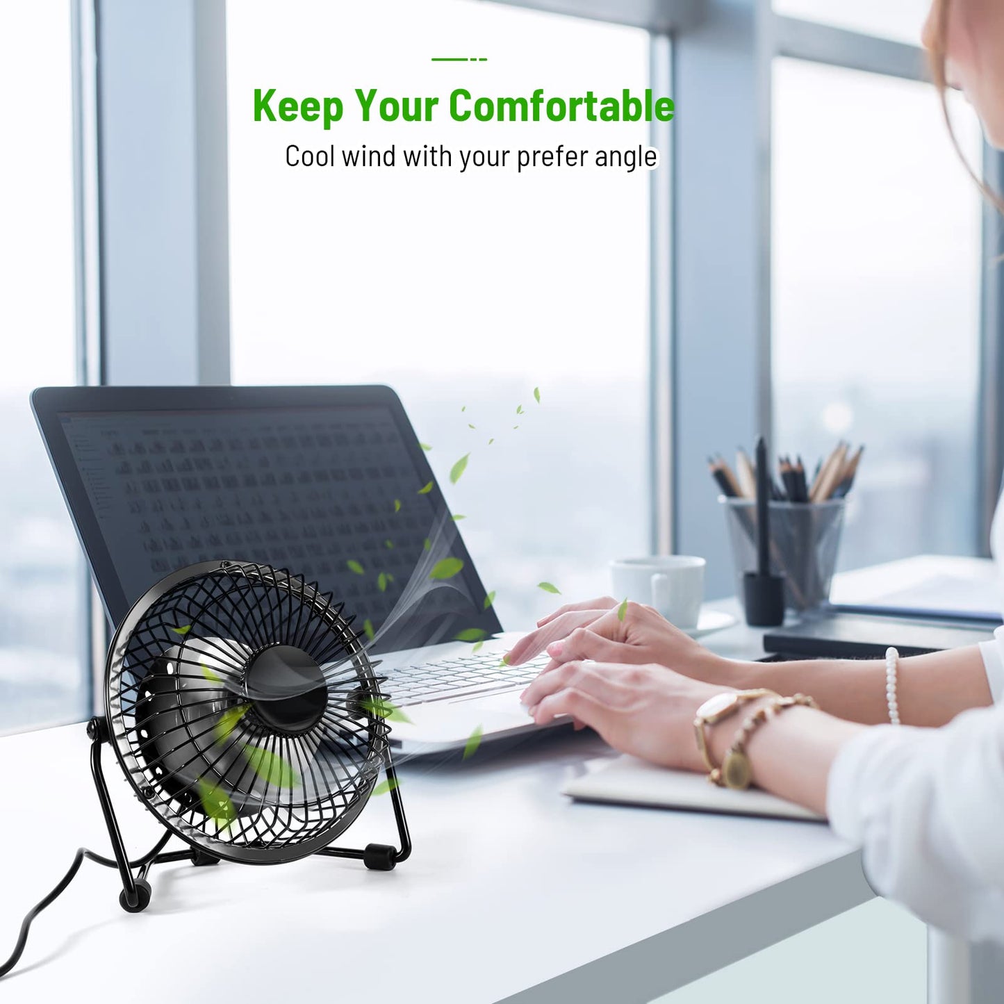 AMKEN - Ventilador de computadora pequeño, ventilador USB de 4 pulgadas alimentado por USB, rotación de 360°, pequeños ventiladores para recámara, oficina, mesa, ventilador de refrigeración personal