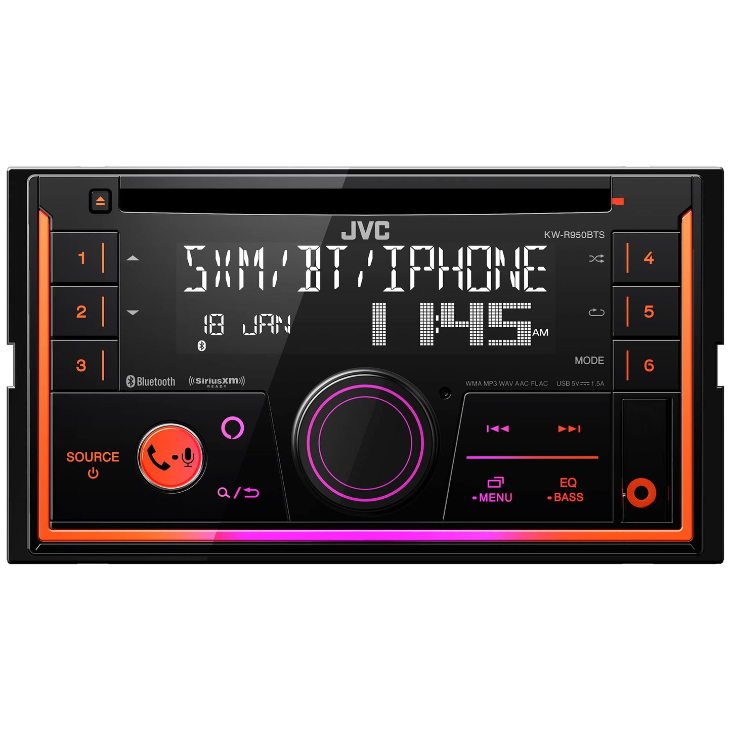 JVC KW-R950BTS Receptor estéreo Bluetooth para coche con puerto USB - visualización LCD - Radio AM/FM - Reproductor MP3 - Doble DIN - EQ de 13 bandas (negro)