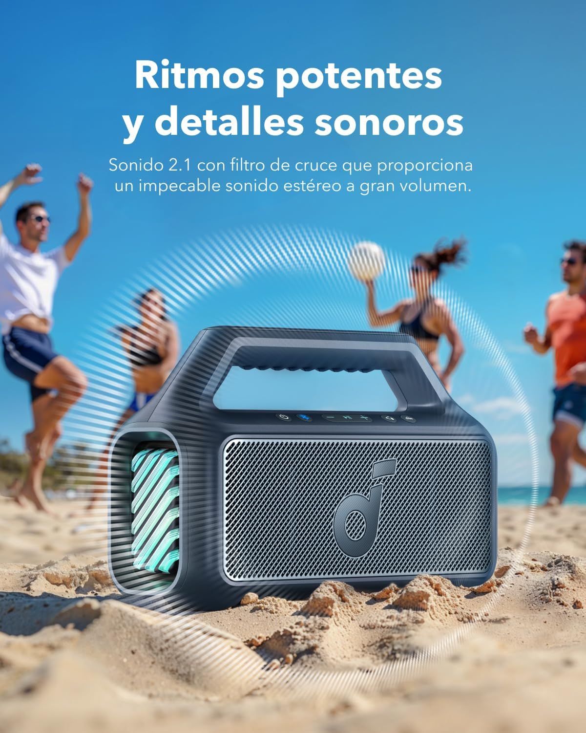 Soundcore by Anker Boom 2 Bocina Bluetooth Portatil, 24h de Reproducción, Potencia 80W RMS con BassUp, Sincroniza +100 Altavoces, IPX7 Flotante, Altavoz Inalámbrico, Party Box