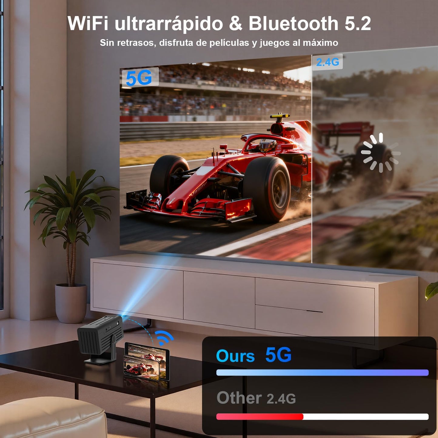 Mini proyectors, proyector portátil 4K, proyector de película Full HD 1080P para Exteriores con WiFi6 y Bluetooth, Enfoque automático con proyector de Aplicaciones Integrado, Compatible con HDMI/USB