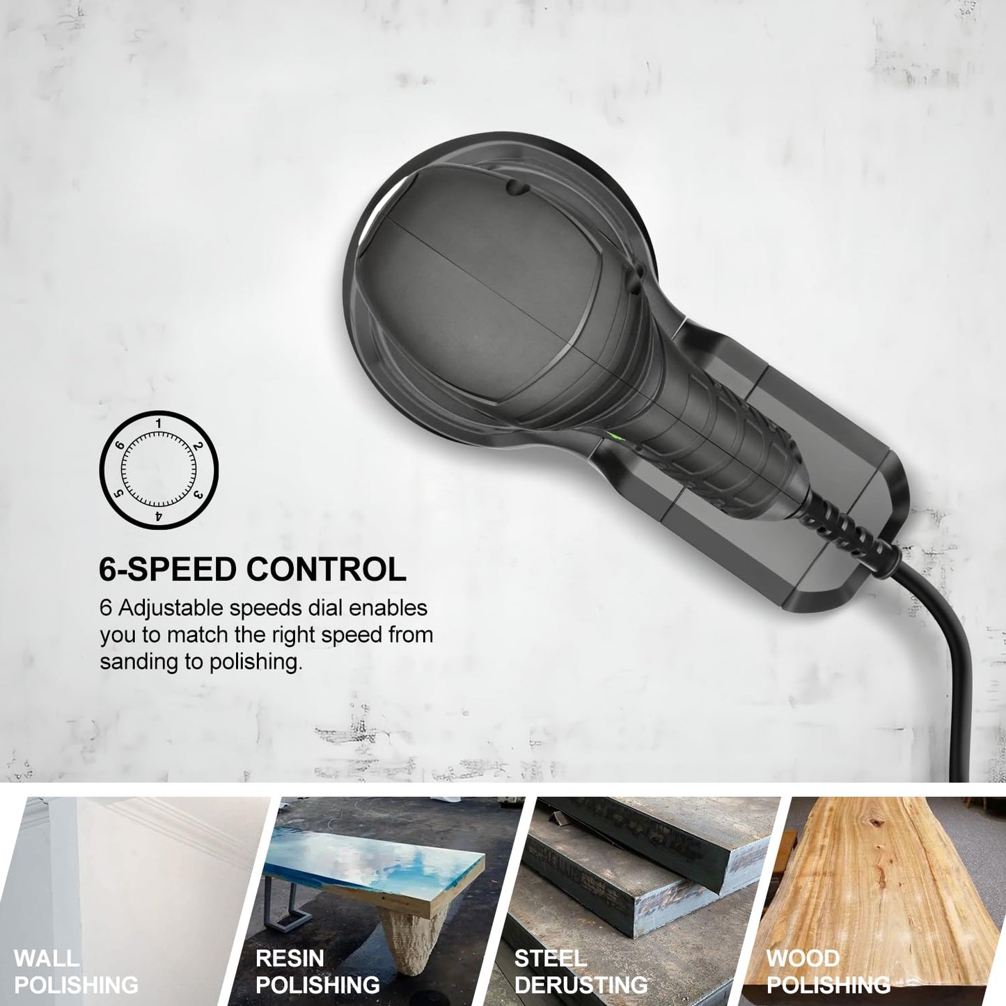 GALAX PRO - Lijadora orbital rotativa de 2.5 A, lijadora orbital eléctrica de 300 W con 6 velocidades diferentes de 6000 a 13000 RPM, 4.9 pulgadas con 20 papeles de lija, 1 bote de polvo, apto para