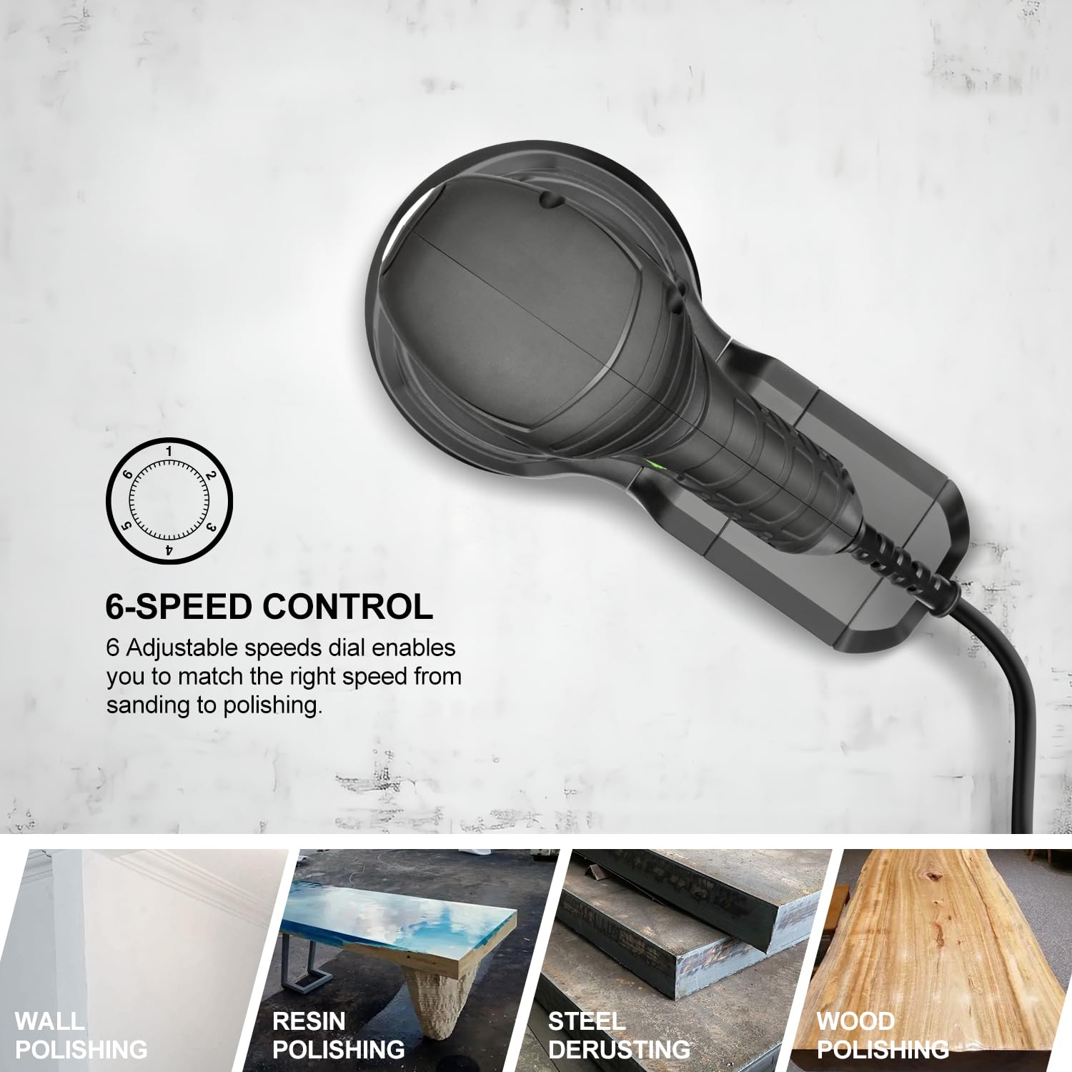 GALAX PRO - Lijadora orbital rotativa de 2.5 A, lijadora orbital eléctrica de 300 W con 6 velocidades diferentes de 6000 a 13000 RPM, 4.9 pulgadas con 20 papeles de lija, 1 bote de polvo, apto para
