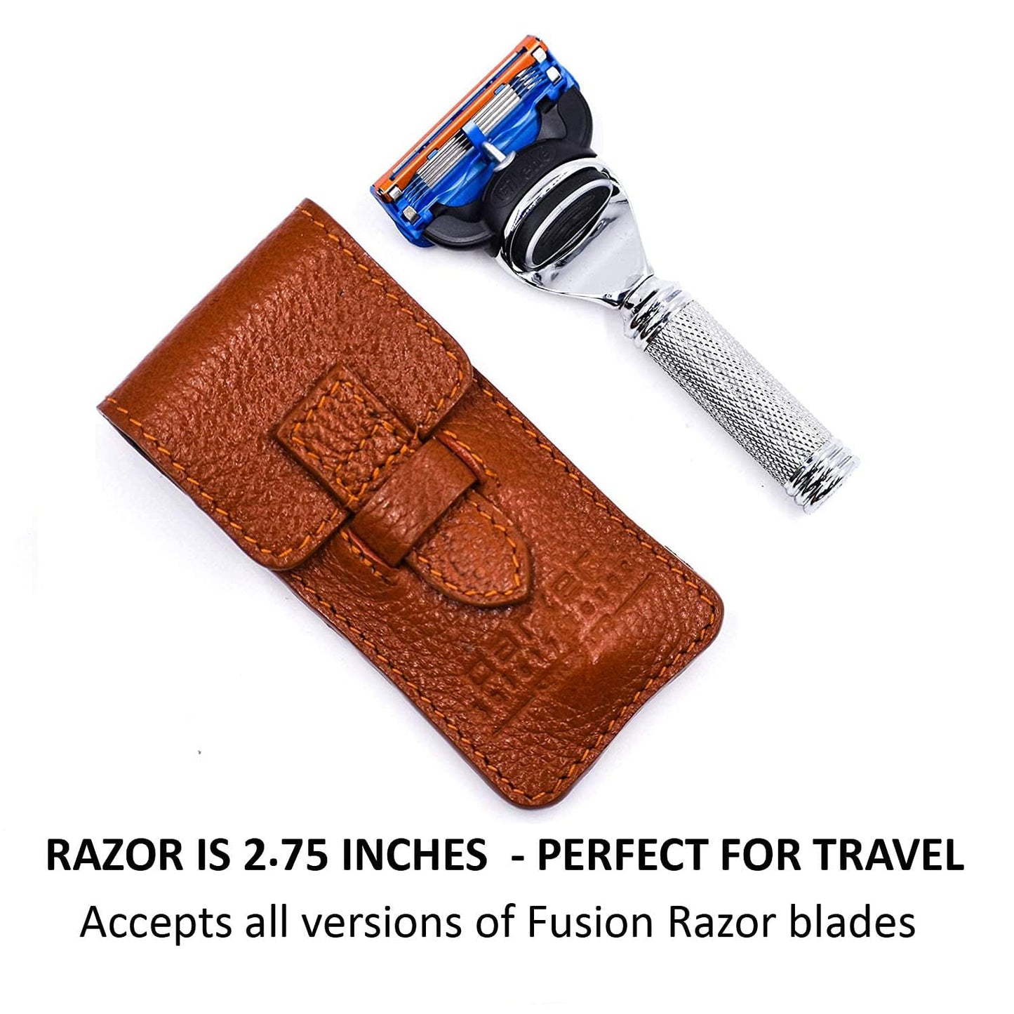 Parker - Maquinilla de afeitar de seguridad, 5 cuchillas Gillette Fusion compatible con viaje, con funda de piel de lujo