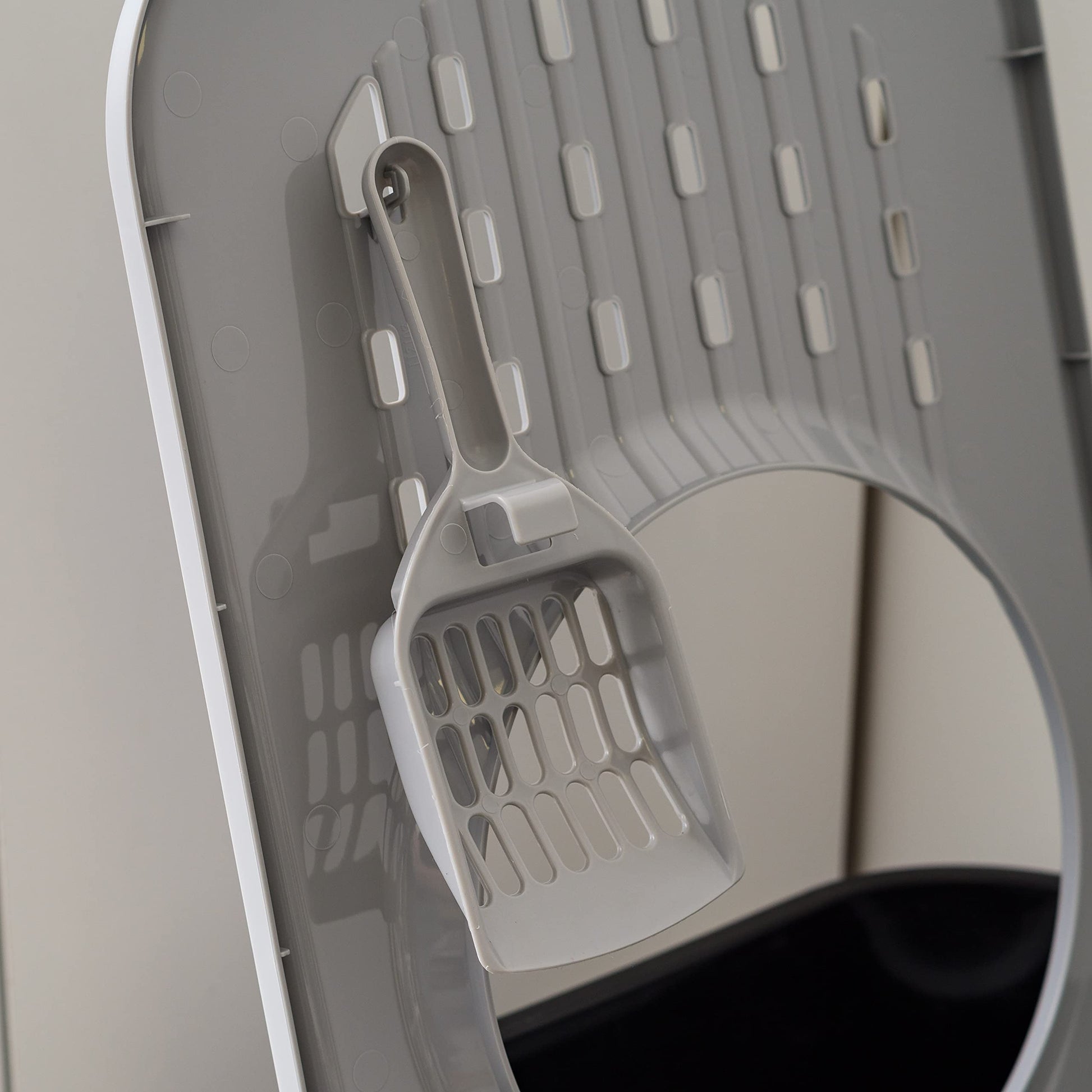IRIS USA Caja de Arena para Gatos Rectangular de Entrada Superior con Paleta, Grande, Caja de Arena para Gatitos, Blanco/Gris