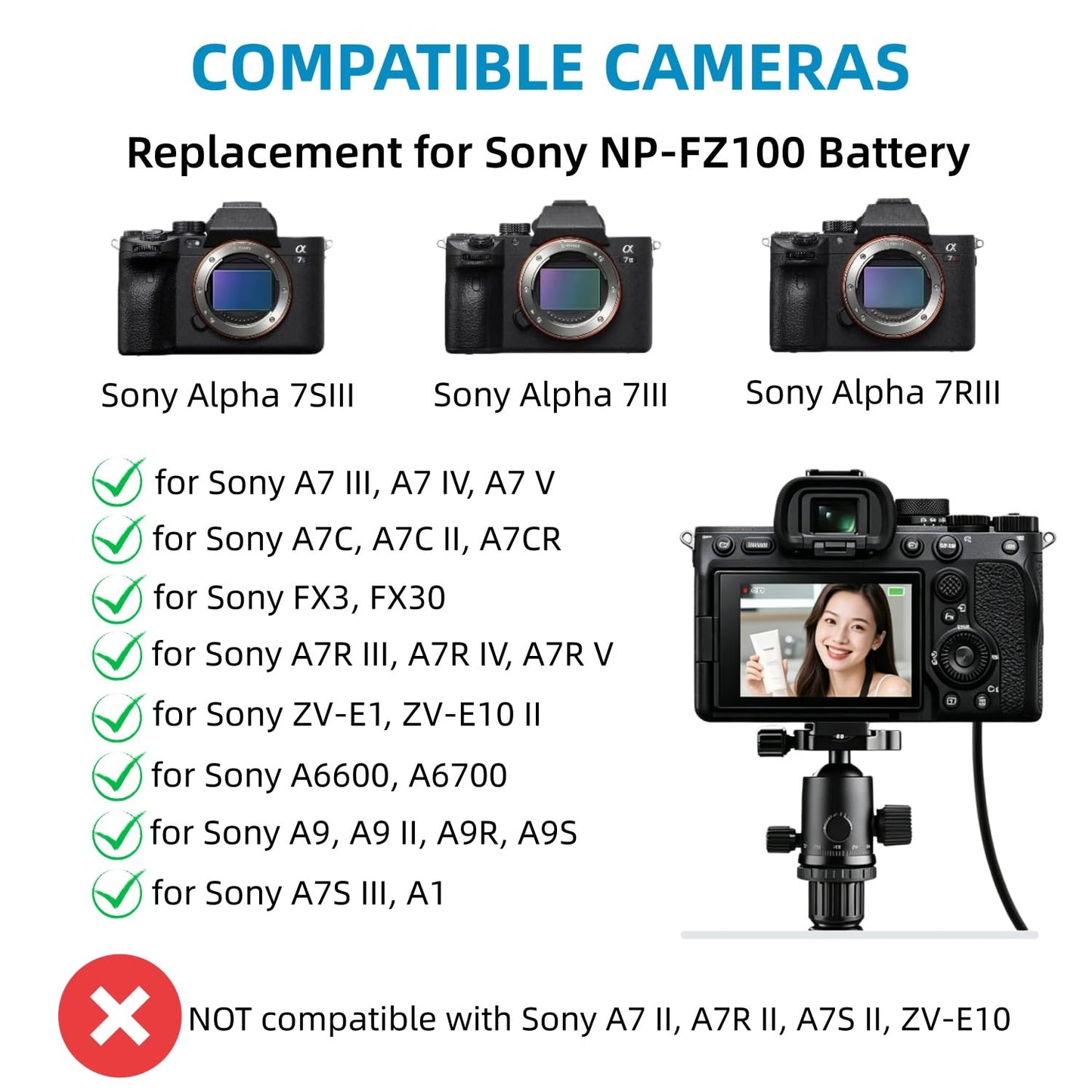 Kimaru NPFZ100 Adaptador de CA NP-FZ100 Batería simulada Juego de acopladores de CC para Sony Alpha A6600 FX3 a7C A1 A7III A7IV A7RIII A7RIV A7SIII A9 A9II A9R A9S