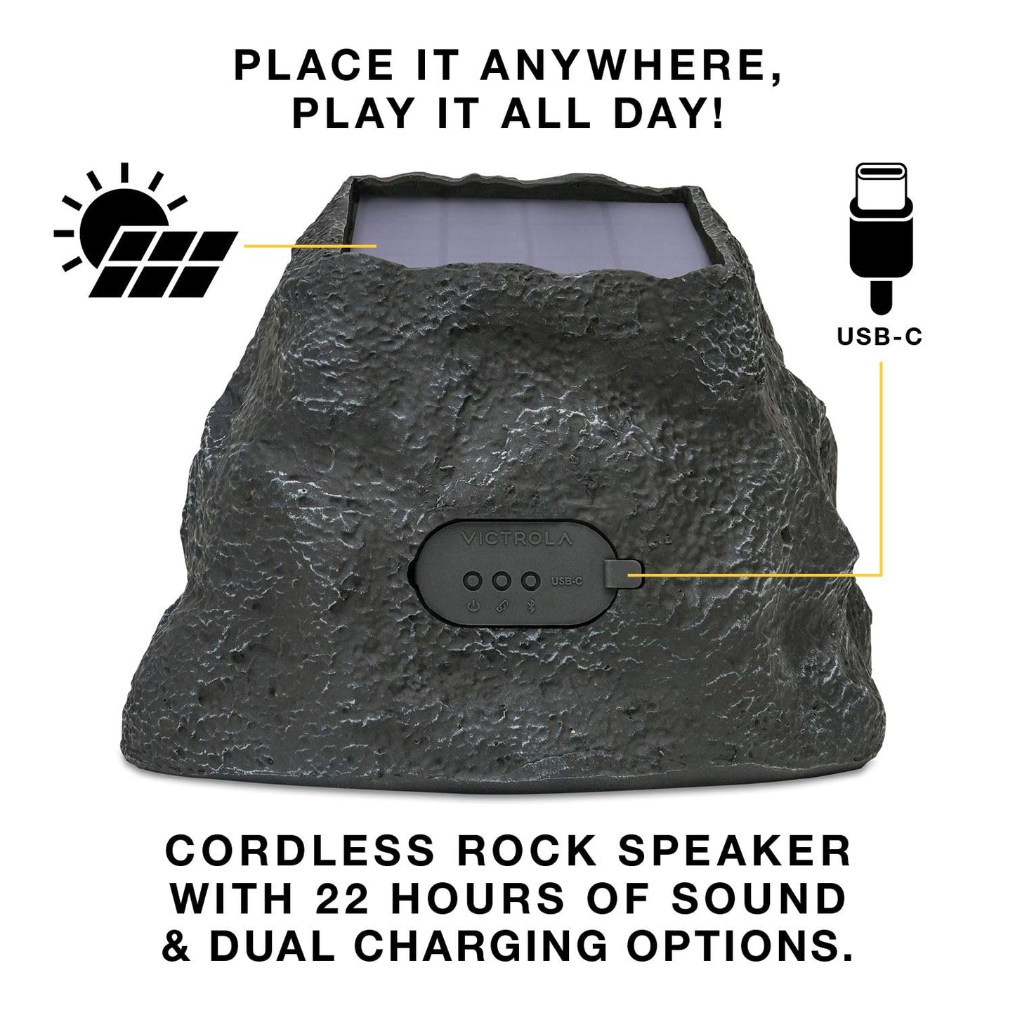 Victrola Rock Speaker Connect, Granito, Altavoz inalámbrico para Exteriores con Bluetooth 5.3, batería de 22 Horas, con Carga Solar, Conecta hasta 20 Altavoces Rock, Altavoz IP65 Resistente al Agua y