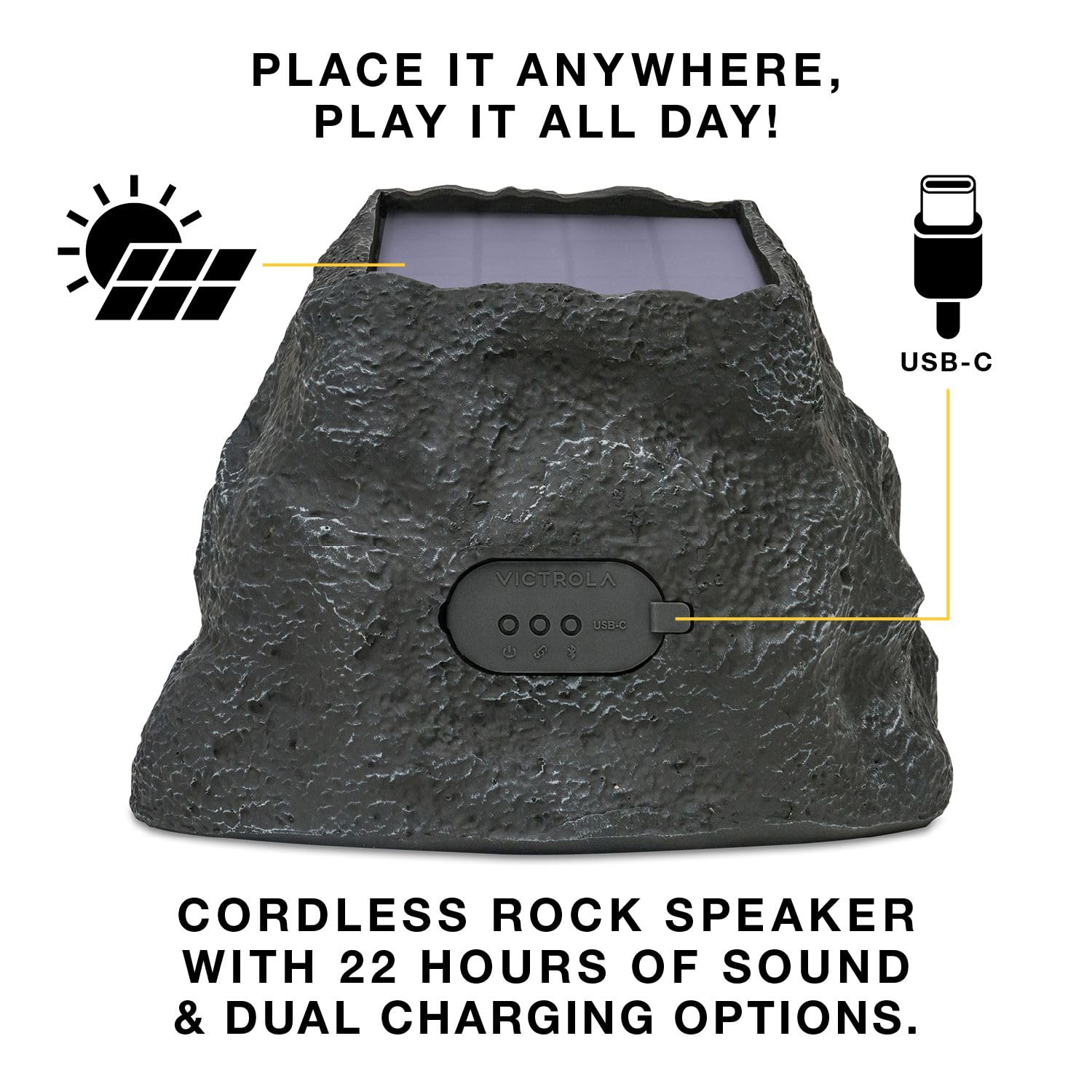 Victrola Rock Speaker Connect, Sand, Altavoz inalámbrico para Exteriores con Bluetooth 5.3, 22 Horas de duración de la batería, con Carga Solar, Conecta hasta 20 Altavoces Rock, IP65 Resistente al