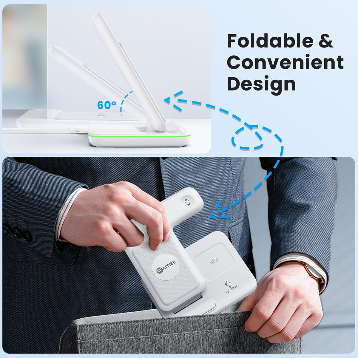 Cargador Inalámbrico WAITIEE Blanco Rápido 3 en 1 para Apple iWatch y AirPods Pro Compatible con iPhone y Samsung