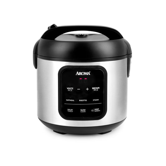 AROMA® - Arrocera digital, 4 tazas (sin cocinar) / 8 tazas (cocida), vaporizador, multicocina, olla de avena, mantiene caliente automáticamente, 2 cuartos de galón, exterior de acero inoxidable