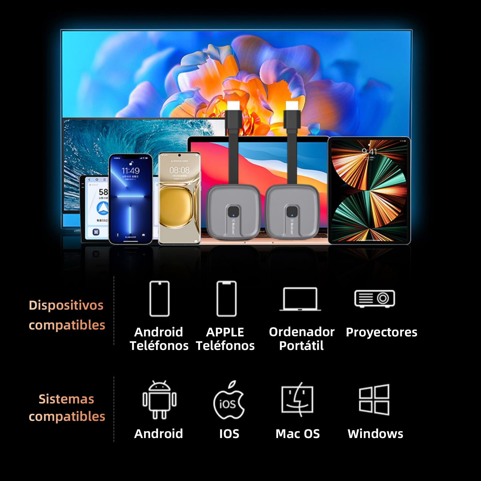 Receptor Inalámbrico 2RIYADH HDMI 4K Compatibilidad para Pantalla de Teléfono y Laptop