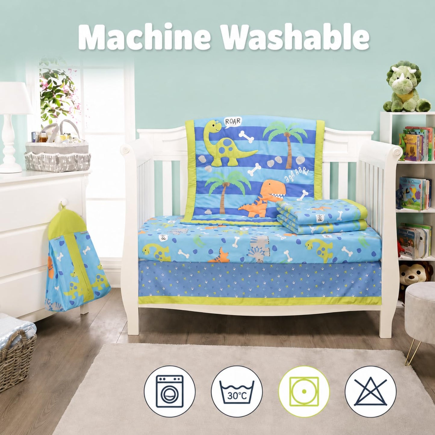 EVERYDAY KIDS Juego de cama para cuna de 4 piezas, dinosaurio, incluye edredón, sábana bajera, volantes y apilador de pañales, juego de ropa de cama para cuna de bebé