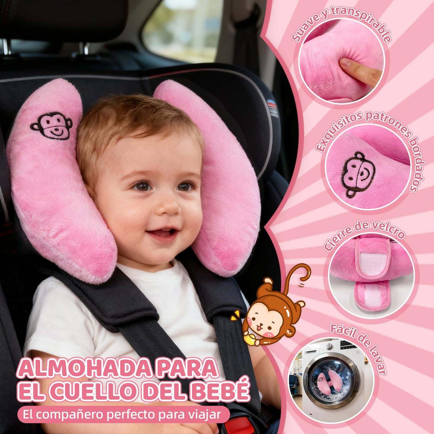 REKOBON Reposacabezas de Viaje Ajustable para Bebés, Paquete de 2, Rosa