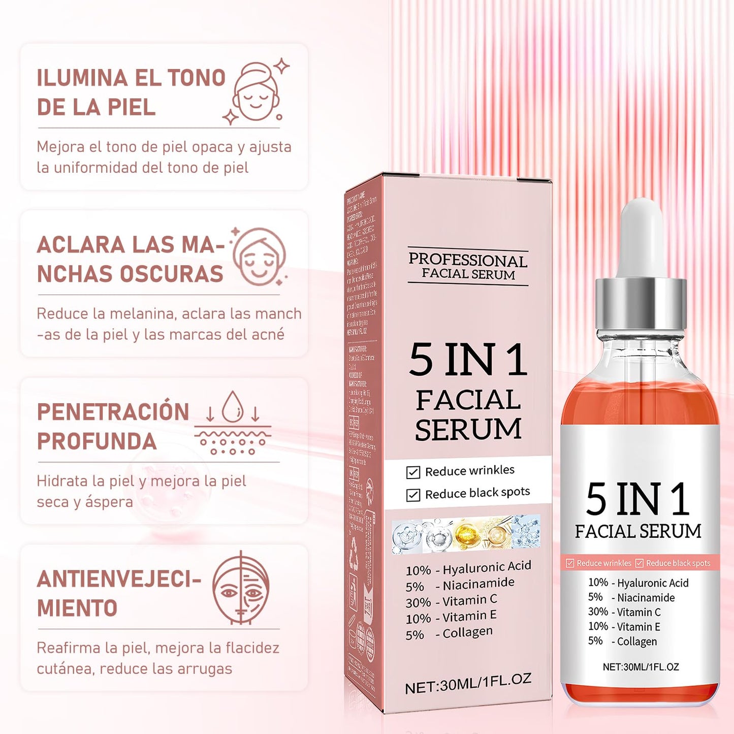 Suero Facial Antienvejecimiento 5 en 1 con Vitamina C y Ácido Hialurónico - Reafirma, Reduce Arrugas y Unifica Tono de Piel