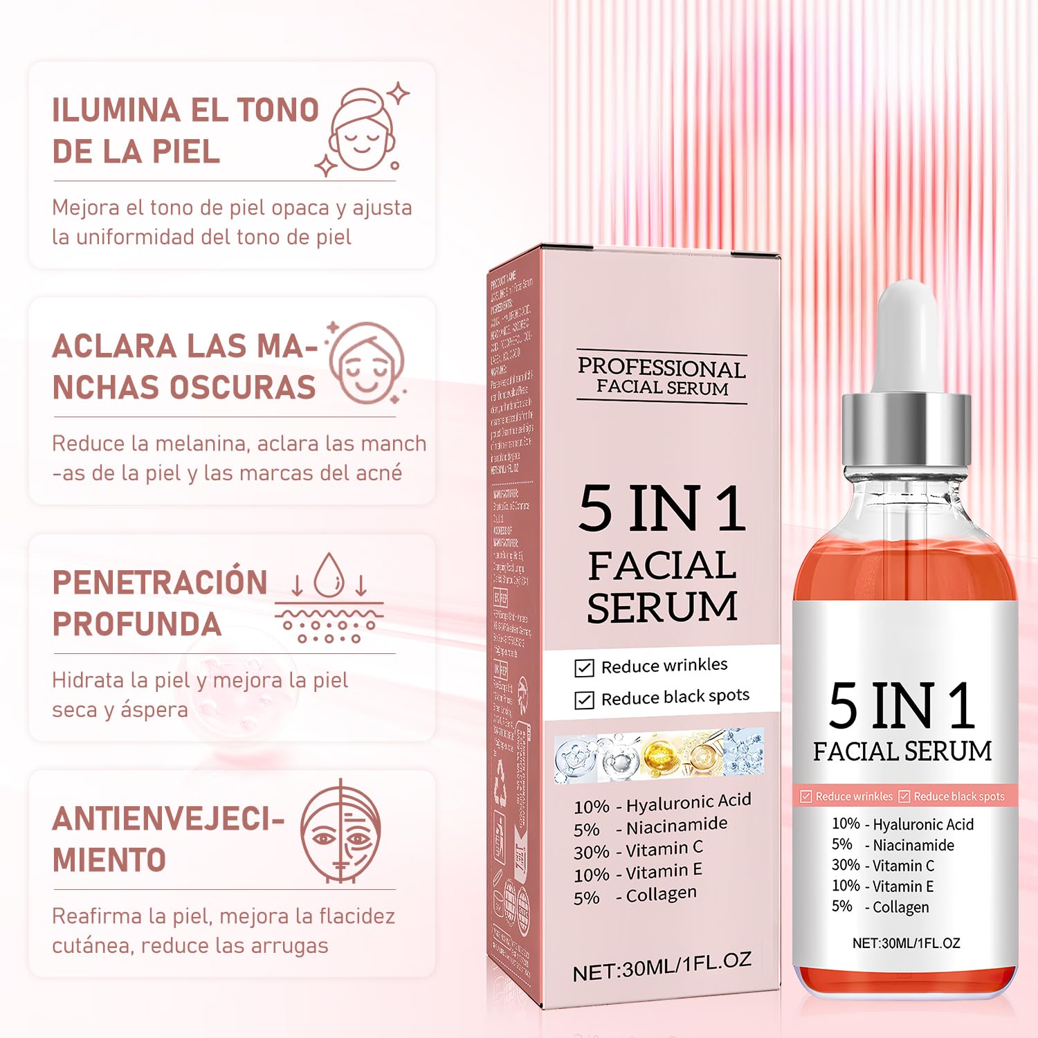 Suero Facial Antienvejecimiento 5 en 1 con Vitamina C y Ácido Hialurónico - Reafirma, Reduce Arrugas y Unifica Tono de Piel