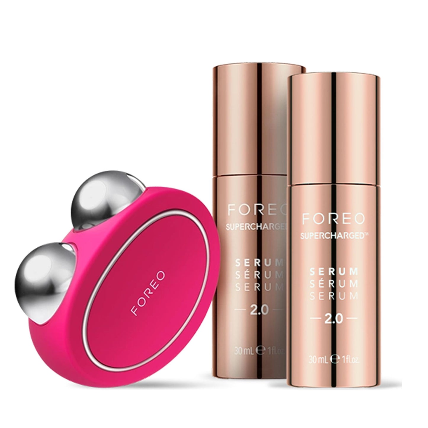 FOREO BEAR Forever Firm - Masajeador facial eléctrico de microcorrientes + 2x Sérum SUPERCHARGED 30 ml - Radiofrecuencia facial - Hidratación antiedad - Fuchsia