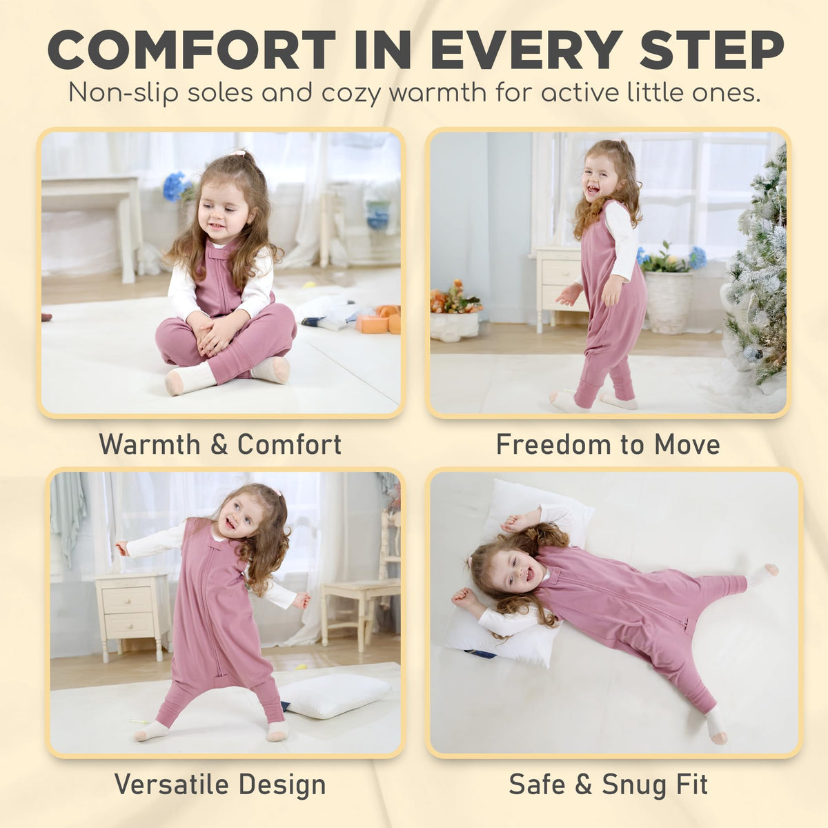 Saco de Dormir para Niños Mama Cheetah con Pies, Saco de Dormir de Algodón Orgánico de 0.5 TOG con Patas, Manta Portátil para Bebés Primeros Caminantes con Cremallera de 2 Vías, Saco de Dormir para