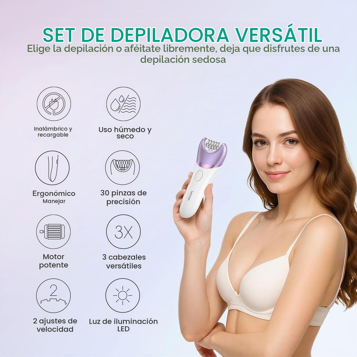 VOYOR Depiladora para Mujeres, Inalámbrica y Recargable, Depiladora con 30 Pinzas, Depiladoras 3 en 1 con Afeitadora Eléctrica y Lima para Pies, Dispositivo de Depilación para Brazo y Pierna BM300