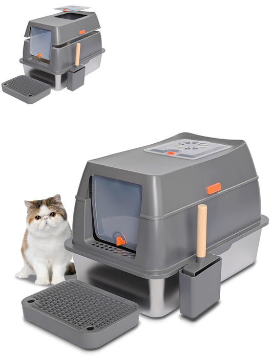 FOXORU - Caja de arena de acero inoxidable XL, diseño espacioso y cerrado con lados altos, entrada y salida múltiples, pedal, duradera para gatos grandes y múltiples gatos, color gris