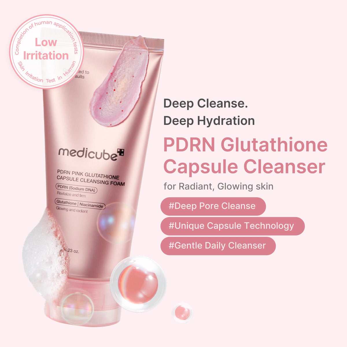 medicube Facial Cleanser PDRN Pink Glutathione Capsule Foam Cleanser | Daily Face Wash for Pore Care, Uneven Skin Tone, Texture | Hydrating & Nourishing Deep Cleansing | Korean Skincare, 4.23 oz