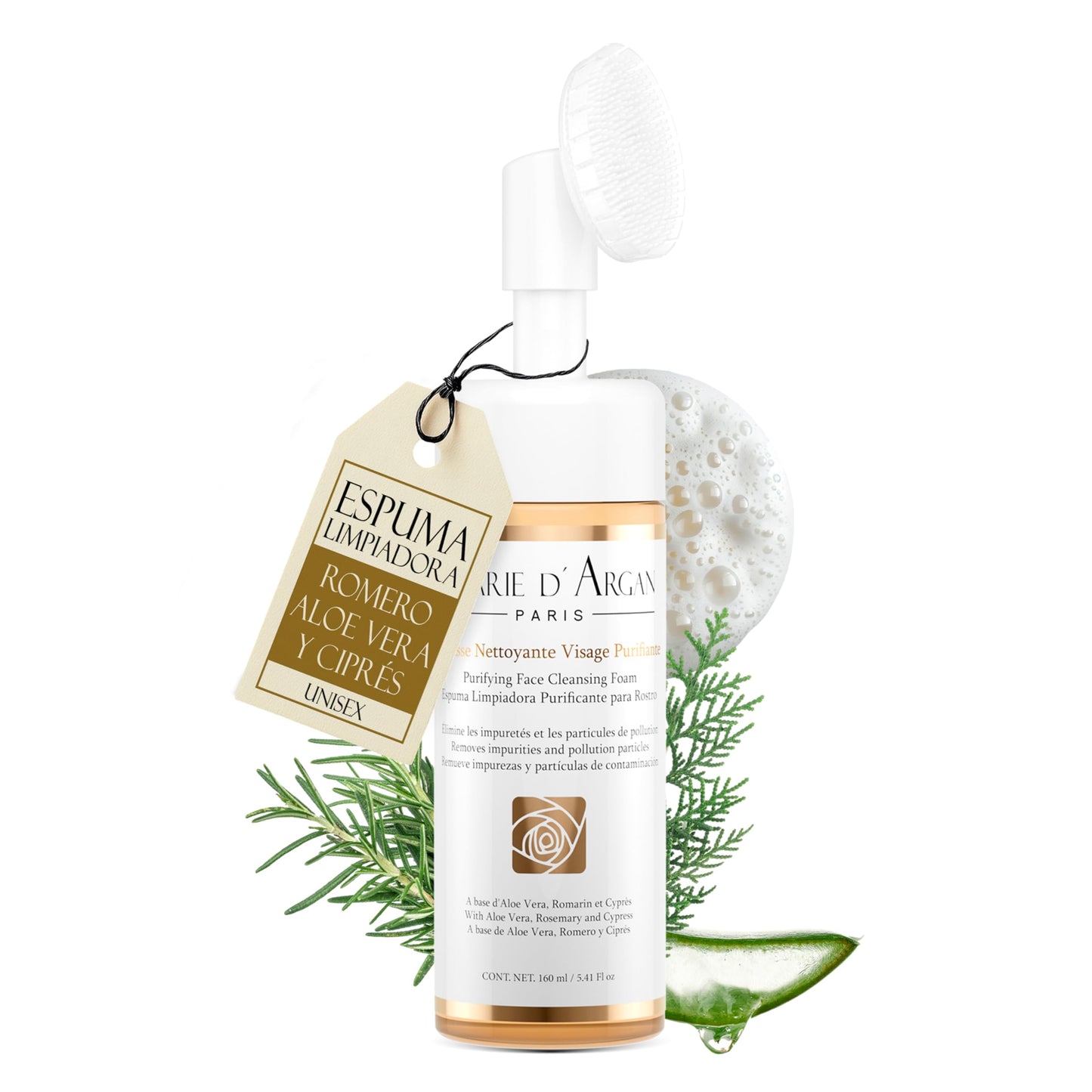 MARIE D' ARGAN Espuma Limpiadora Facial Purificante 150ml, Remueve Impurezas, Controla Grasa Y Poros, Con Aloe Vera, Romero Y Ciprés, Libre De Parabenos, Unisex Para Piel Sensible Mixta O Grasa