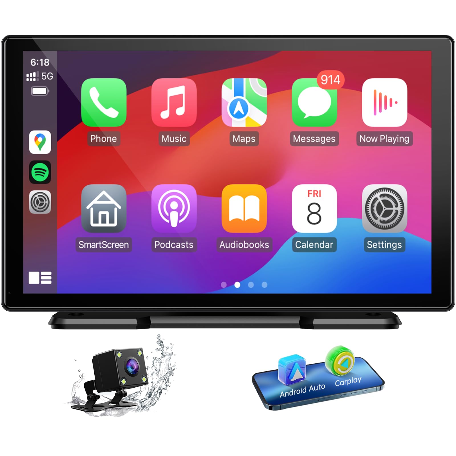 Pantalla Portátil Volam Negra CarPlay/Android Auto 9'' con Cámara de Reversa y Bluetooth Compatible con Todos los Vehículos