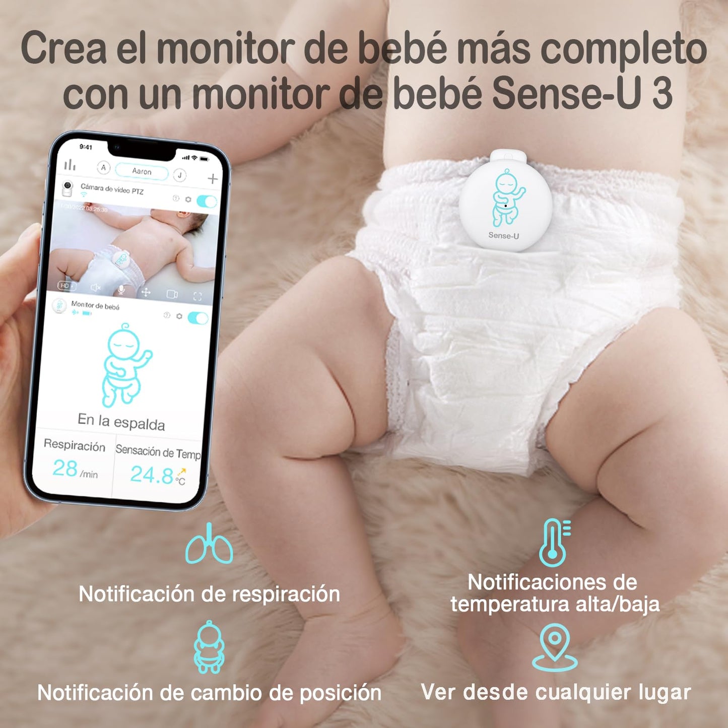 Monitor de Bebé Sense-U Video con Cámara Remota Pan-Tilt-Zoom en Visión Nocturna y Audio de Fondo sin Cargo Mensual