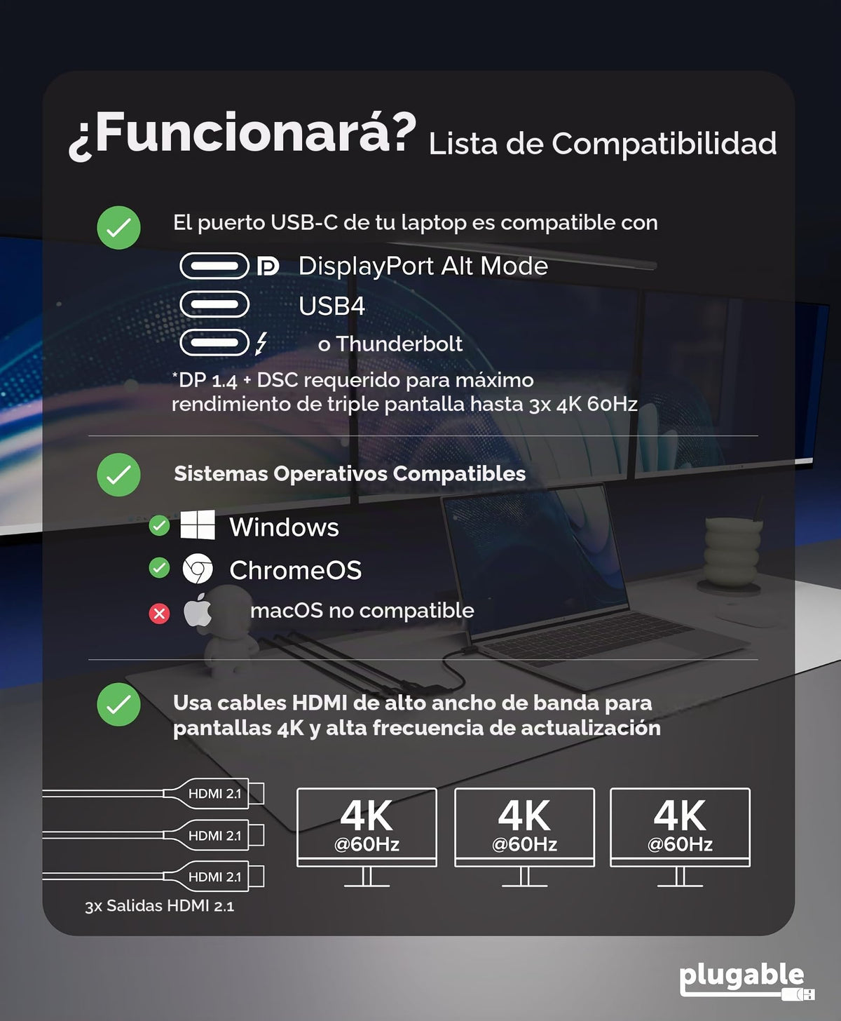 Adaptador USB C Plugable HDMI Tres Pantallas 4K60 Múltiples Monitores