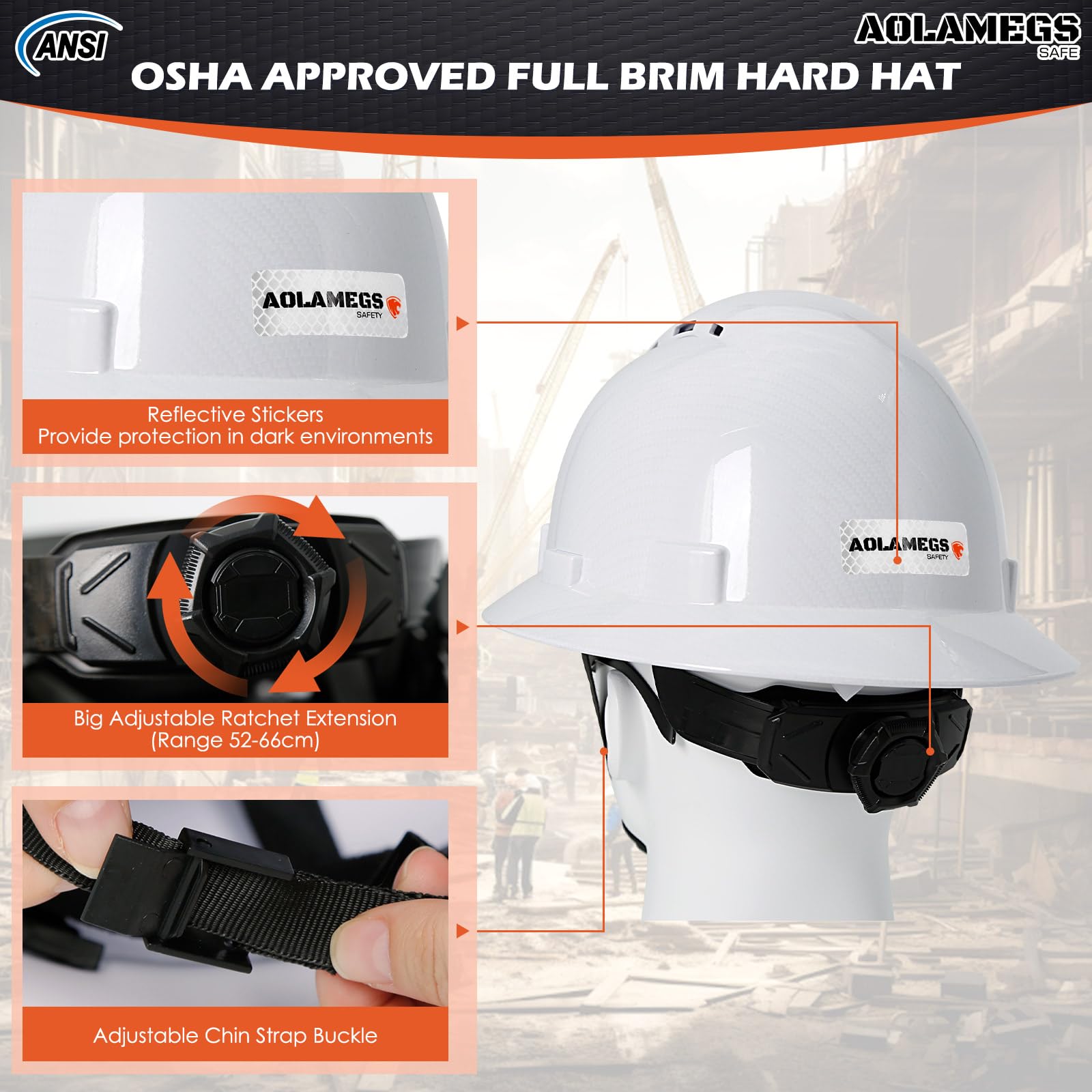 Casco de ala completa de fibra de carbono blanco brillante con gafas de seguridad y forro para hombres y mujeres, OSHA construcción, casco de seguridad con correa de barbilla y visera solar