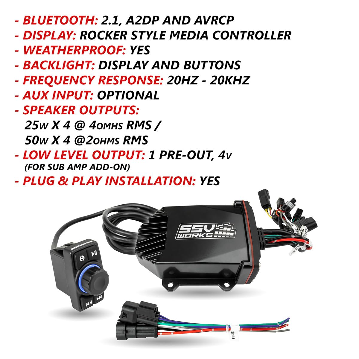 Sistema de audio universal con interruptor basculante Bluetooth. Radio compacta con controles básicos de unidad principal con amplificador de 4 canales de 200 W con salidas de amplificador externo