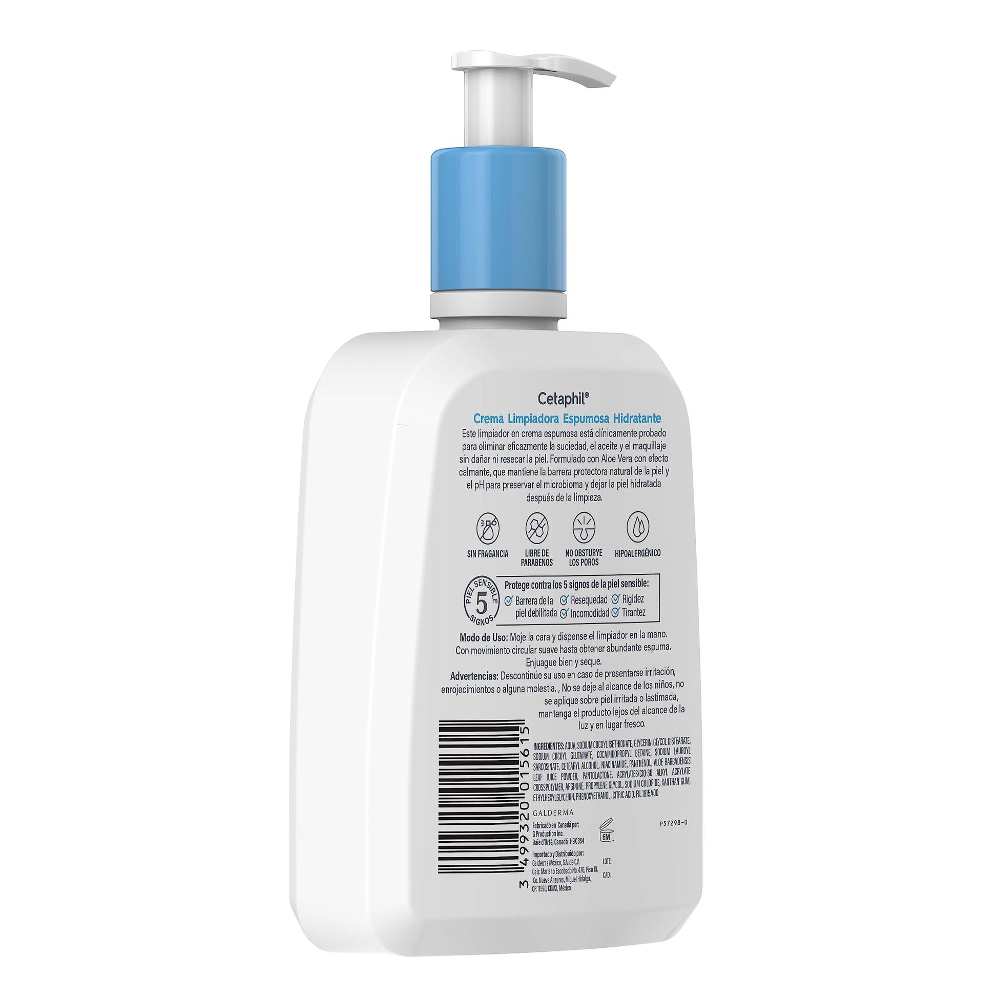 CETAPHIL Crema Limpiadora Espumosa Hidrantante, elimina la suciedad, aceite y maquillaje sin dañar la barrera de la piel, de 473 ml, Recomendada por Dermàtologos para Piel Sensible